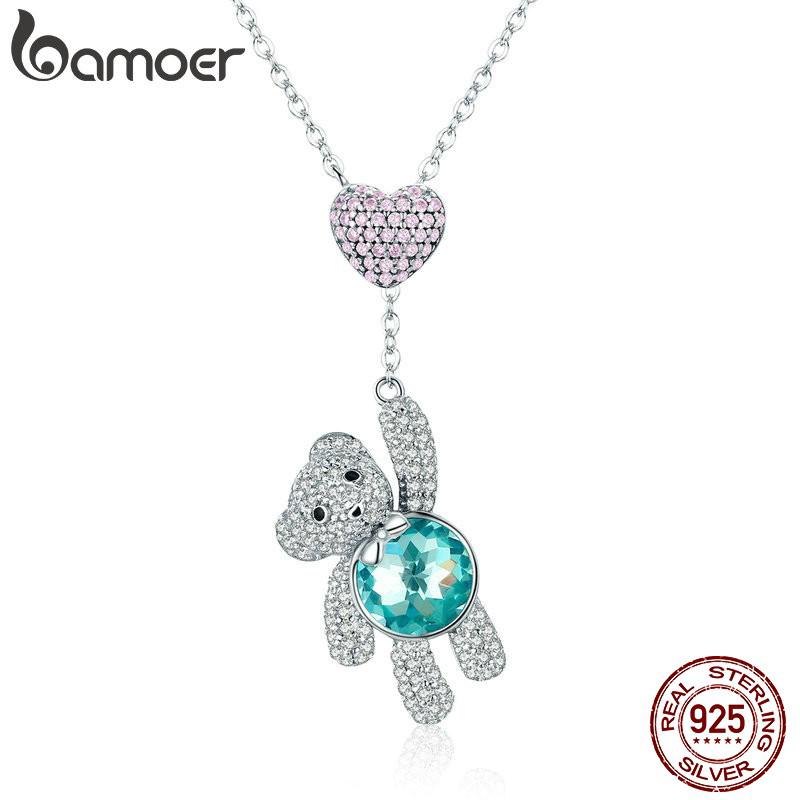 Bamoer 925 Colar De Prata Com Coração Rosa Urso Bonito Pingente Comprimento Ajustável Cadeia De Moda Jóias Para As Mulheres