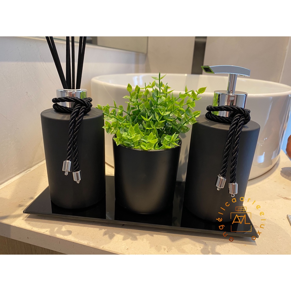 Kit Lavabo Banheiro Luxo Cilindro Preto Fosco: Completo com Essência, Bandeja e Varetas de Fibra