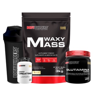 Kit Hipercalórico Waxy Mass 3kg + Glutamina 100% Pura 300g + Power Creatina 100g + Coqueteleira - Bodybuilders Kit para aumento de resistência e força