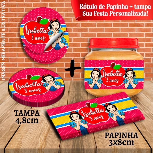 Kit com 10 pares Rótulos Adesivos de Potes e Tampas de Papinha 120g Branca de Neve