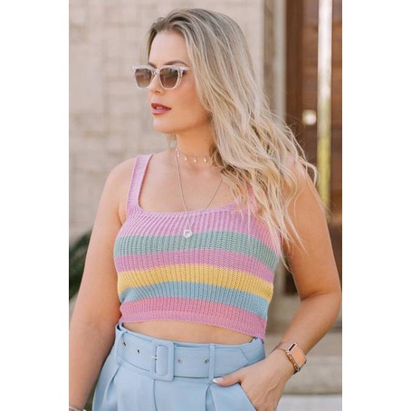 Cropped Tricot Canelado Decote Quadrado Listrado