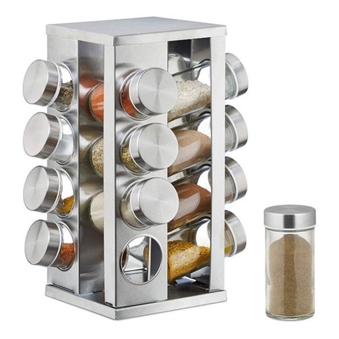Porta Tempero Condimento C/ Suporte Giratório Inox 16 Potes Vidro