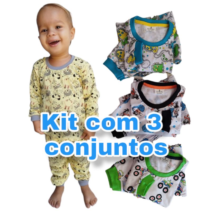 Pijama Menino Infantil KIT Com 3 Conjuntos Malha 100% Algodão 1 2 3 4 6 ...