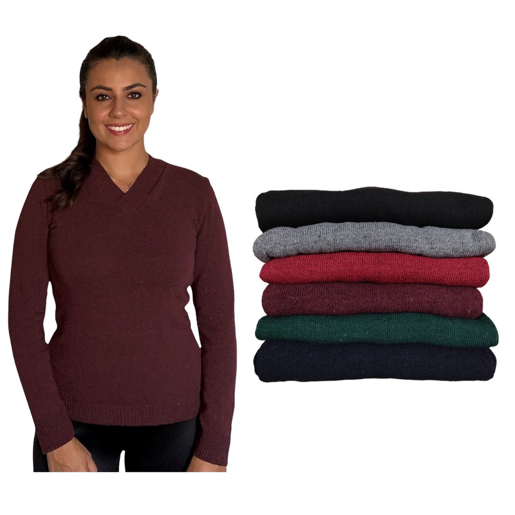 Blusa Tricot Básica De Elastano Gola V Sueter Feminino Liso Inverno Decote V Frio
