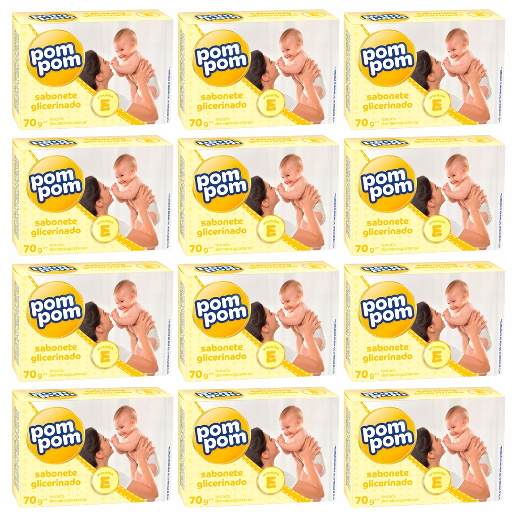 Kit 12 Sabonete Barra Infantil Pom Pom Glicerinado 70g