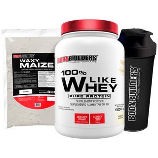Kit 100% Like Whey Pure Protein 900g + Waxy Maize 800g Natural 100% Puro + Coqueteleira - Recuperação Rápida e Eficaz Após o Treino- Bodybuilders