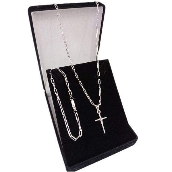 Corrente Cordão Prata + Pulseira Pingente Cruz 3mm Banhado A Prata 925 70cm