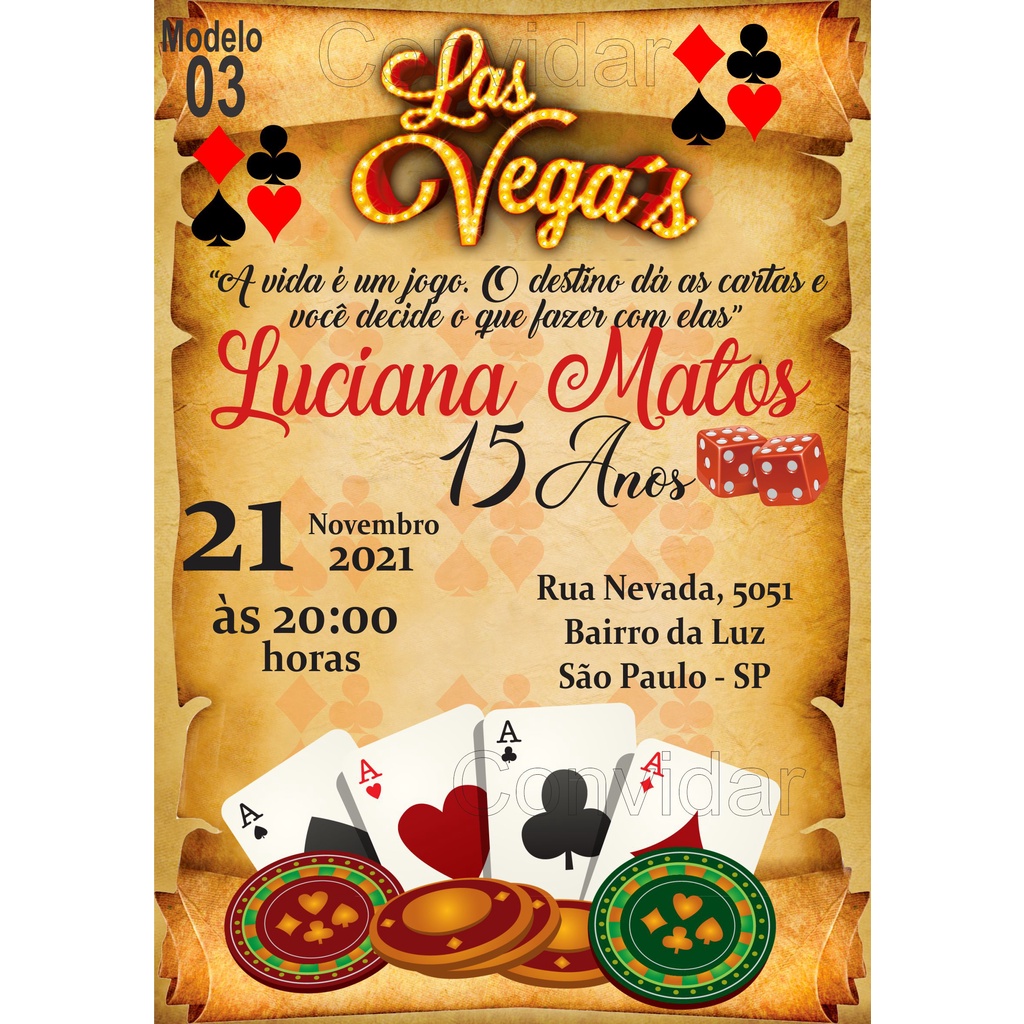 Convite 15 anos Las Vegas Pergaminho com 50 Unidades + Fita para Amarrar