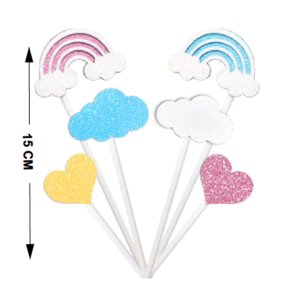 Topo de bolo Palito Chuva de Amor 6 Peças EVA Glitter 15 cm Vivarte - Inspire sua Festa Loja