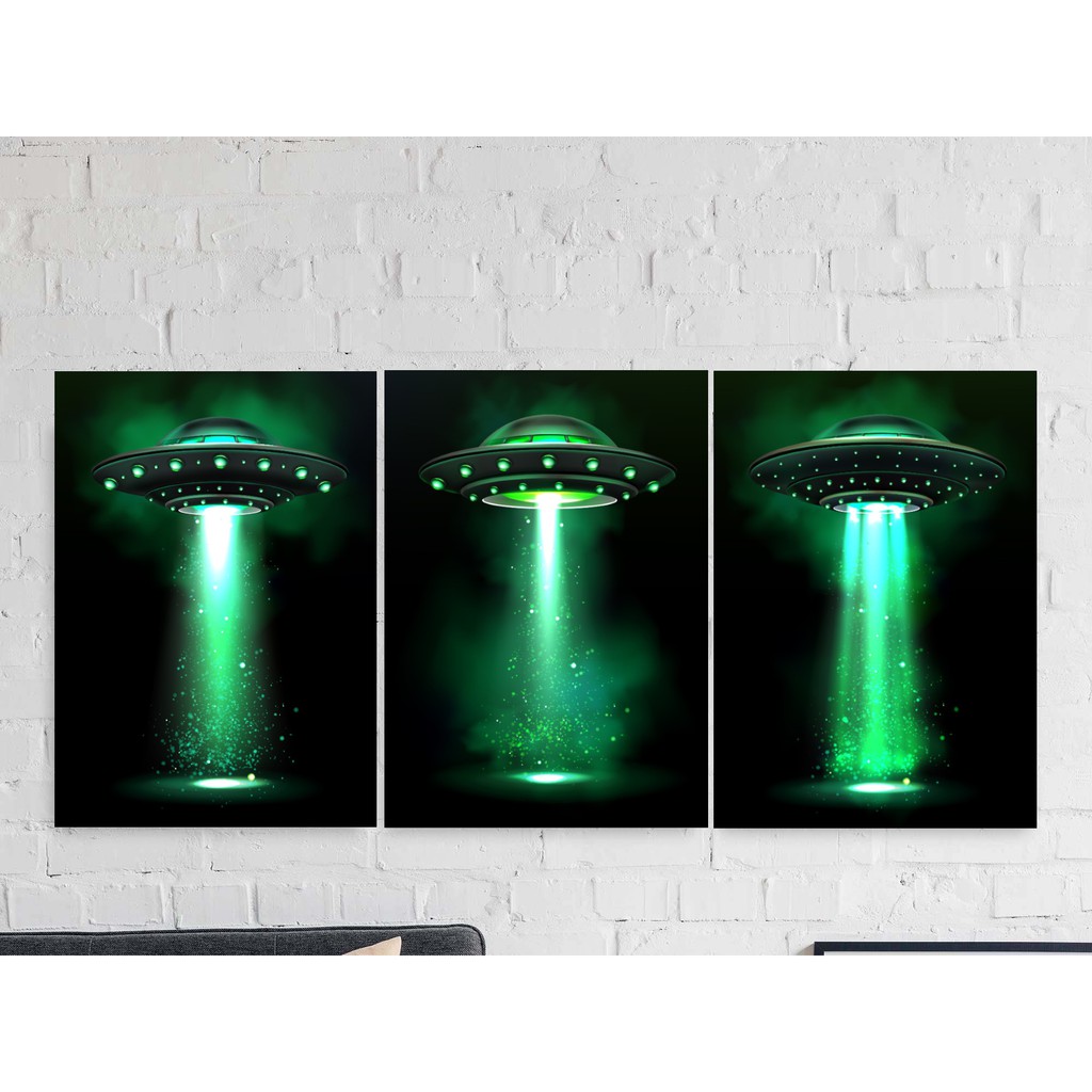 Kit 3 Quadros com Moldura Tamanho A3 Abdução Nave Alienígena ETs Ufologia Astronomia
