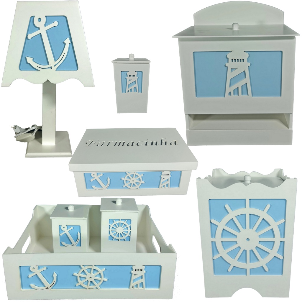 Kit Higiene Bebê Mdf decorado 8 Pçs - MARINHEIRO branco e azul bb