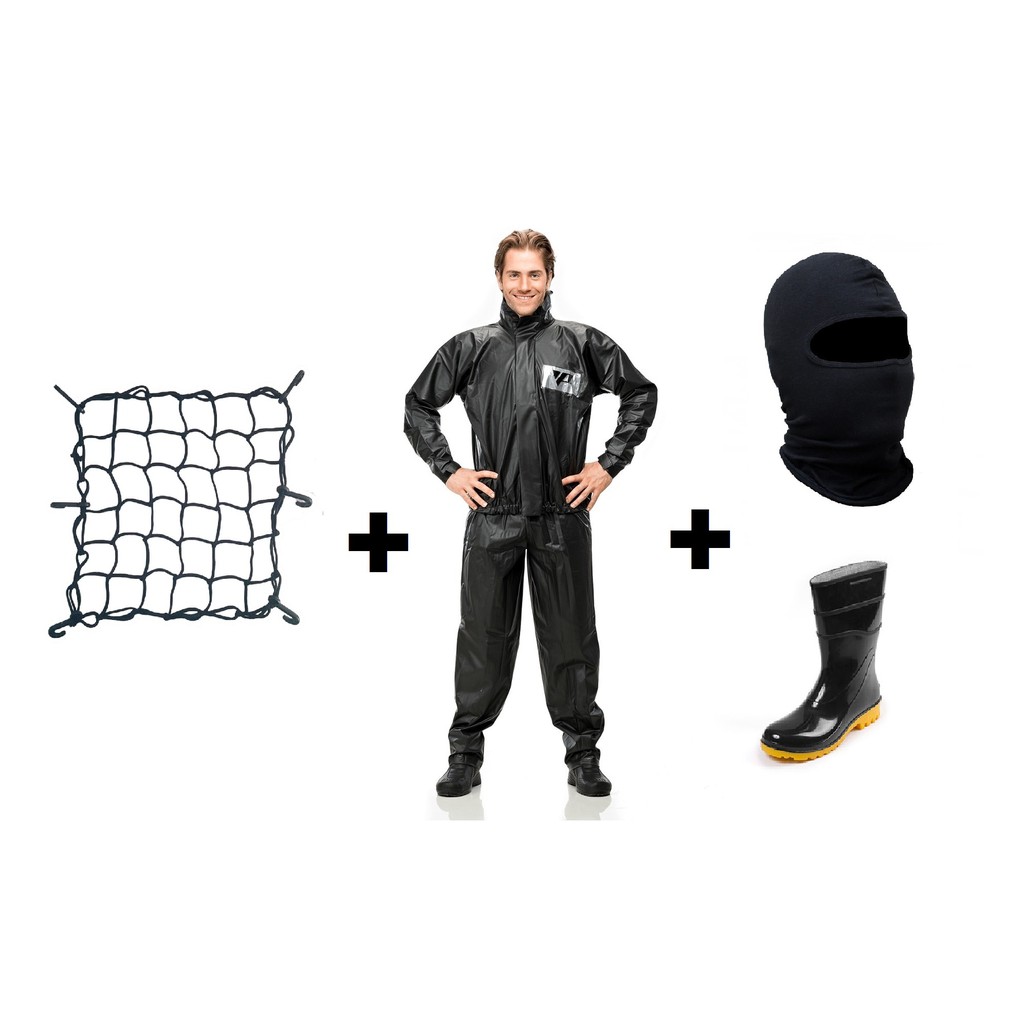 Kit - Conjunto Capa De Chuva Jaqueta + Calça Em Pvc + Bota Em Borrocha + Touca Ninja Balaclava + Rede Elastica - Moto Motoboy Motoqueiro