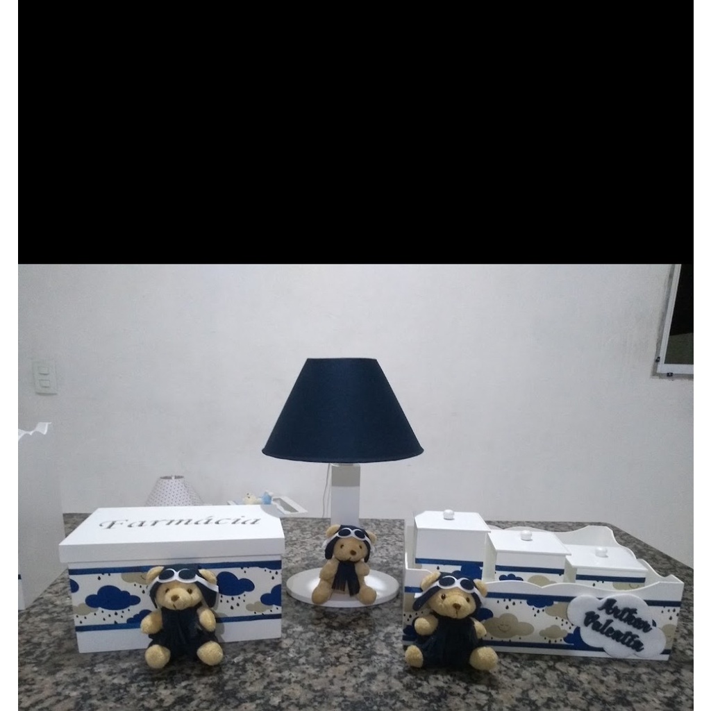 Kit higiene bandeja potes  abajur e farmacinha urso aviador  azul marinho
