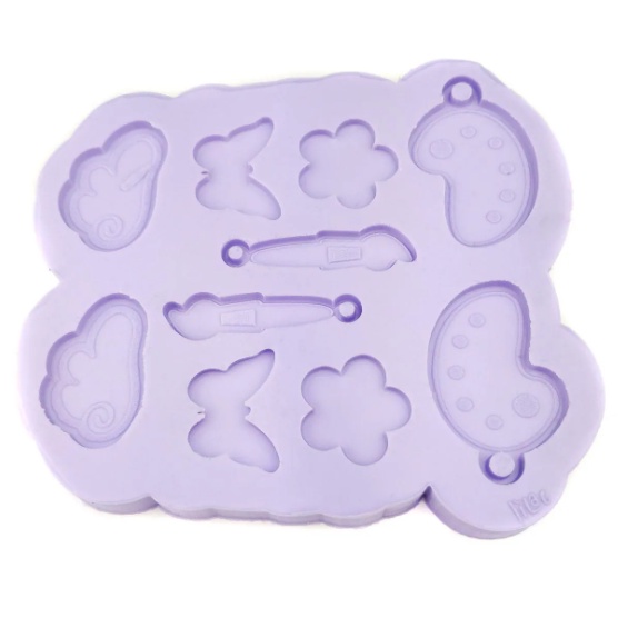 Molde de Silicone para Resina Paleta Favoritos - borboleta, godê, pincel, flor, asa - 10 cavidades (entre 2,5 e 4 cm)