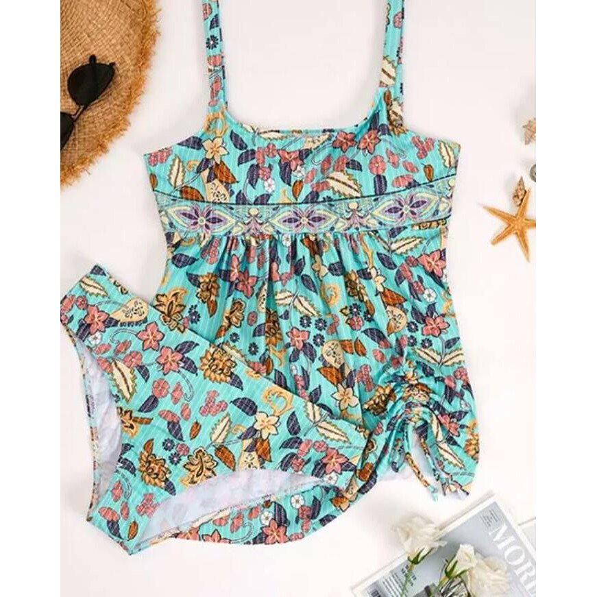 Mundubeach - Biquíni Feminino - Moda Praia Estampada - Liso - Blusa Solta Com Cordão De Encurtamento, Calcinha Média - Veste Super Bem - Estiloso E Confortável - Estampas Variadas - Forma Internacional