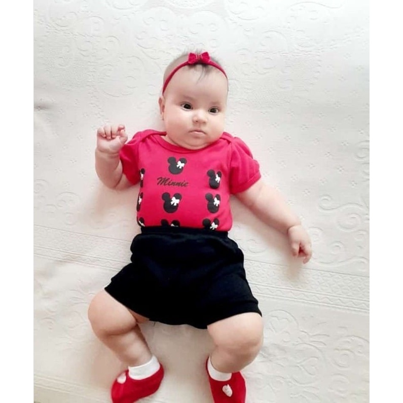 Conjunto Minnie Mouse Short + Body Manga Curta Temático Minie Fantasia Mesversario Mine Aniversário Em Algodão Roupa Para Bebê Para Verão Fresquinha Enxoval Barato Promoção Liquidação Novidade
