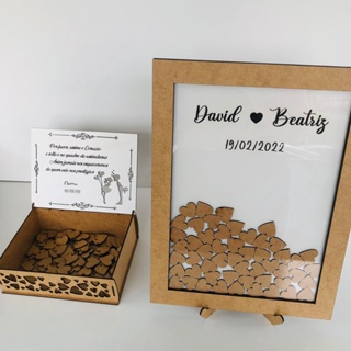 Quadro de Assinaturas para Casamento Aniversário em mdf 130 corações + Caixa com mensagem personalizada e suporte!!!! em Oferta na Shopee