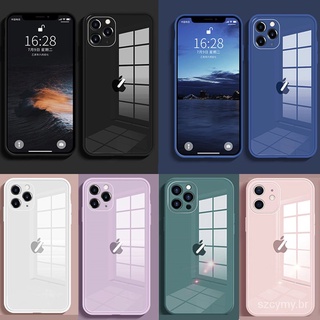 Capa de vidro Tempered Glass Phone Case for IPhone 11 12 Pro Max X XS XR 7 8 Plus Simple Solid Color Soft Edge Anti-drop Shockproof Cover