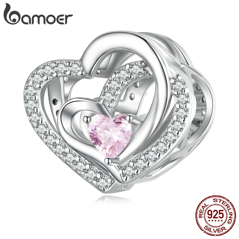 Bamoer Charme 925 Prata Zircônio Rosa Forma De Coração Contas Moda Joias Para Mulheres BSC695