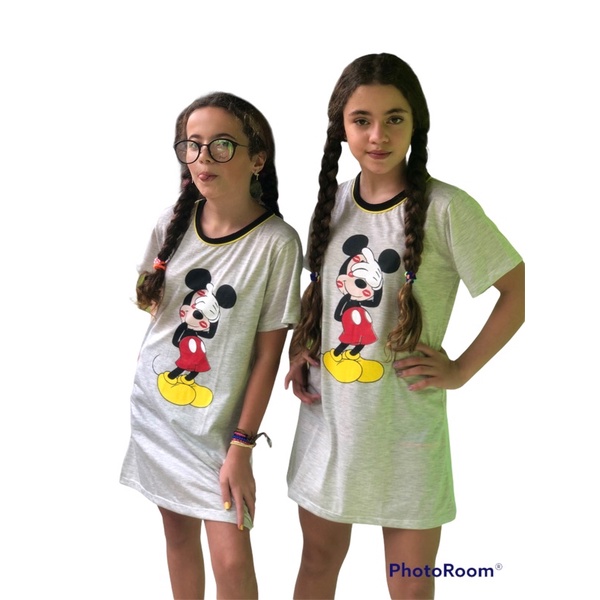 Camisola infantil meia manga feminina temática Mickey de malha algodão verão