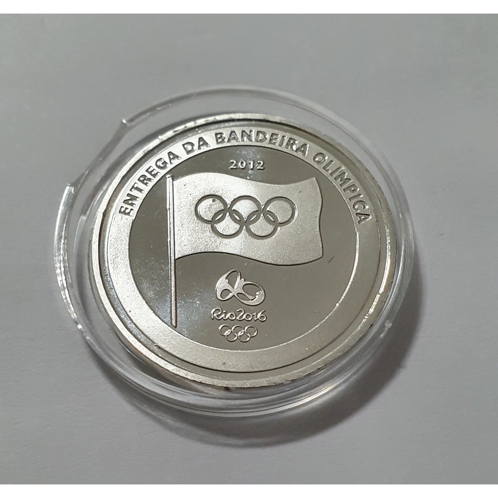 Moeda Medalha Entrega Bandeira Olimpíadas Rio 2016 Folheada a Prata