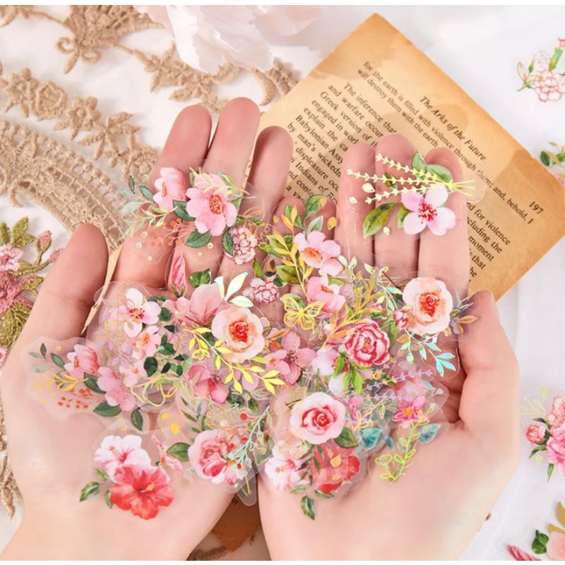 Adesivos 5 pçs flores com dourado impermeável para scrapbook/bullet journal