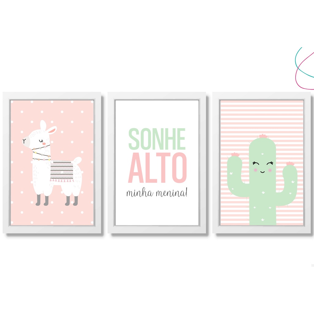 Kit 3 Quadros Decorativos infantil Lhama Cacto Colorido