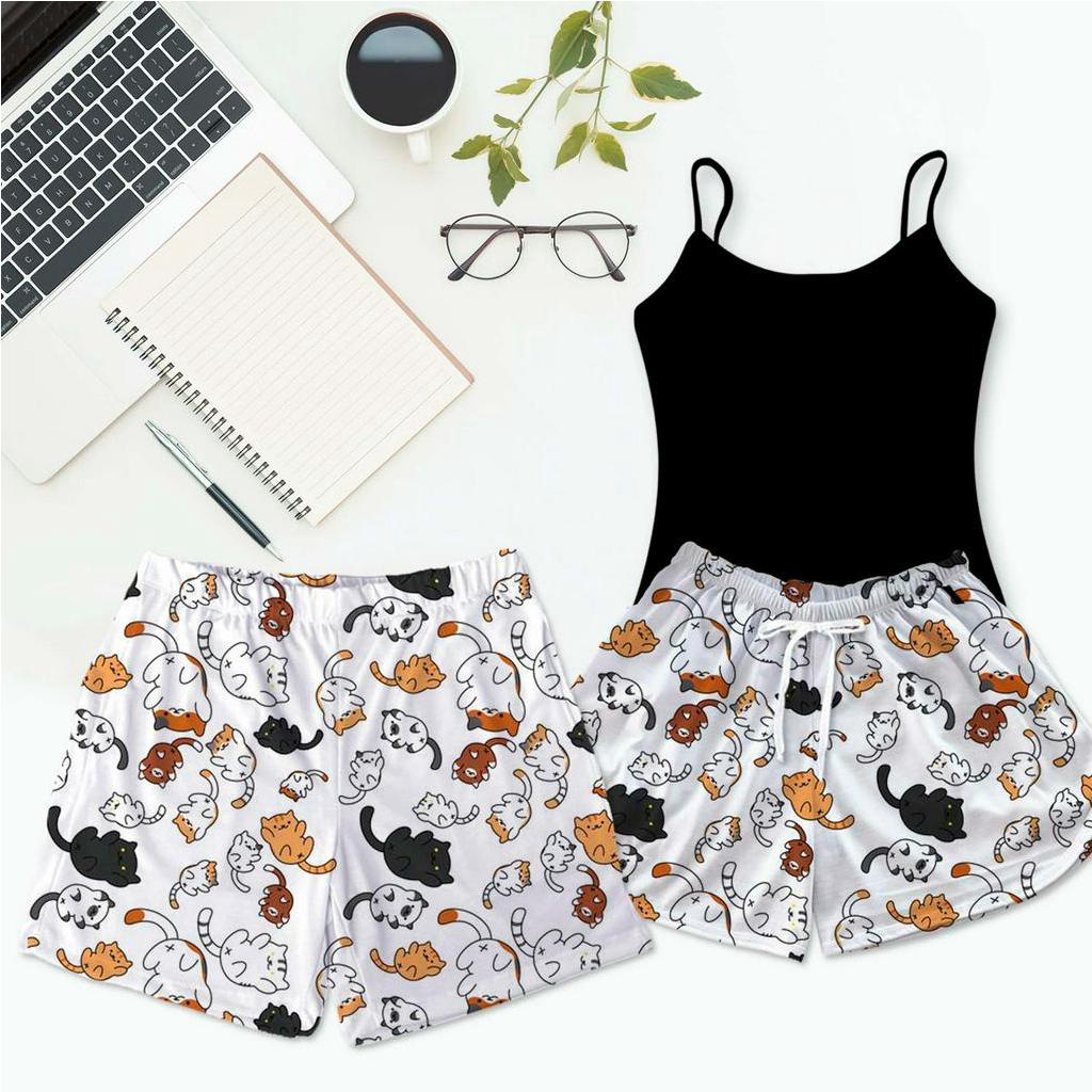 Kit Pijama Casal Mozão Baby Doll Preto Estampa Gato