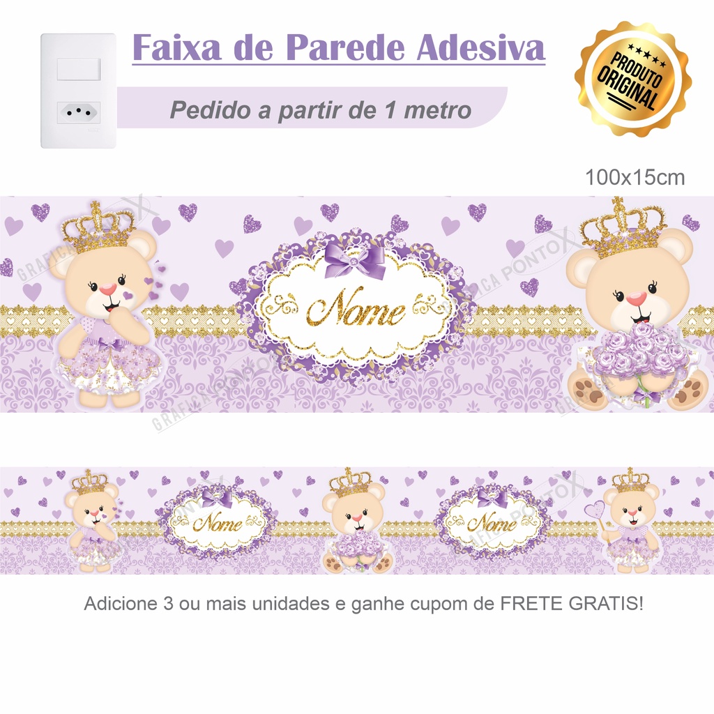 Faixa de Parede Ursinha Realeza Lilás - Adesivo Decorativo Infantil para Quarto de Menina em Oferta na Shopee