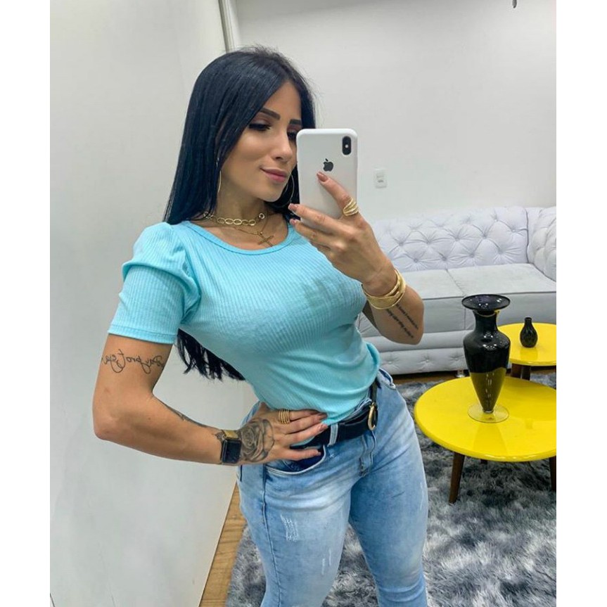 Blusa feminina manga bufante gola rasa malha canelada c/elastano moda feminina