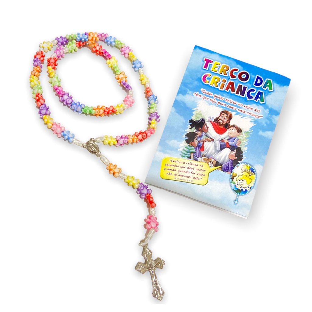 Terço com Folheto Oração da Criança Colorido Infantil 37cm