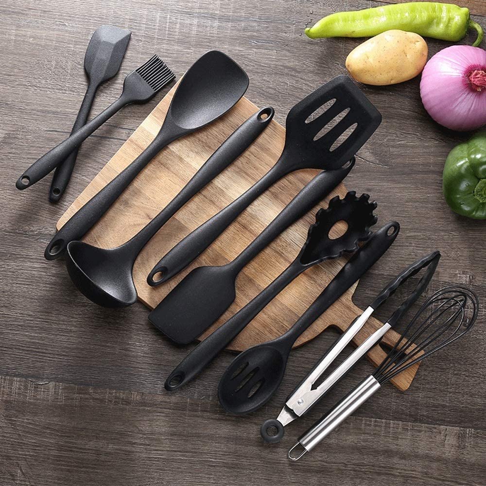 Kit com 10 Colheres Silicone Maciço na cor preta Utensílios De Cozinha + Pote para organizar e escorrer Talheres