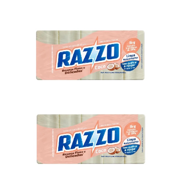 2 PC Razzo Sabão em Barra de Coco 1Kg 5UN 200g Cada