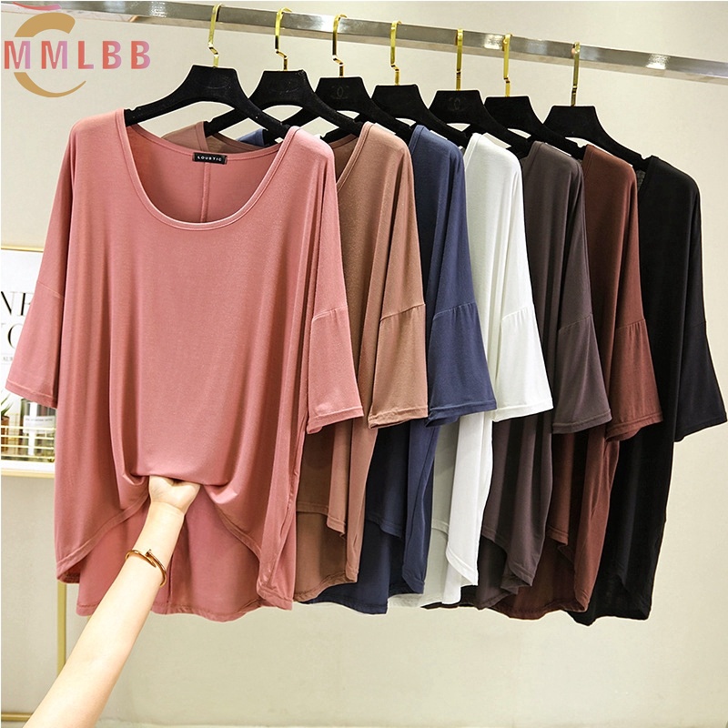 Mulheres Modal Manga Morcego Camisetas Verão Plus Size Camisas Finas Legal Camiseta Casual Elástico Solto Topos