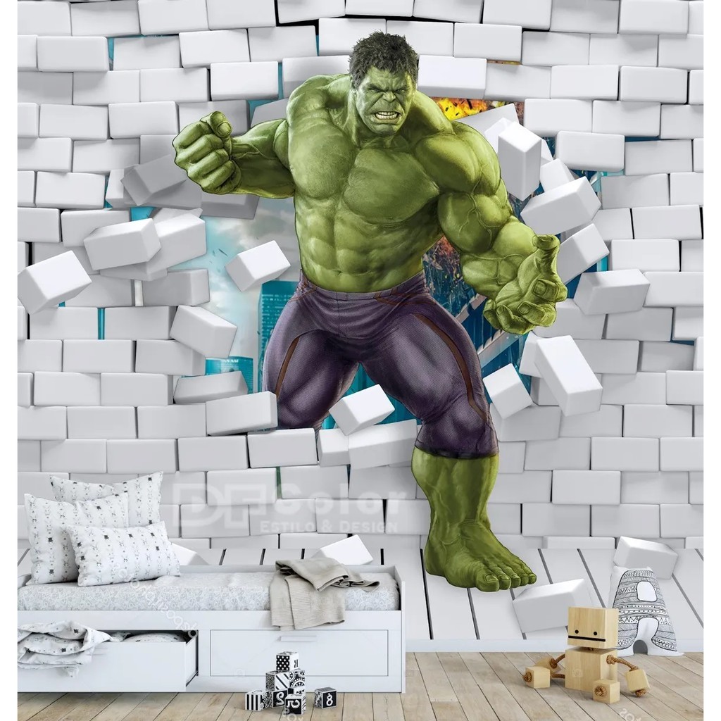 Papel de Parede Infantil 3D Hulk Super Heróis Vingadores Quarto de