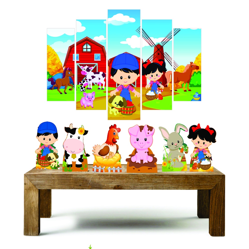 Fazendinha Cute kit com 1 quadro mosaico + 6 totens de mesa em mdf