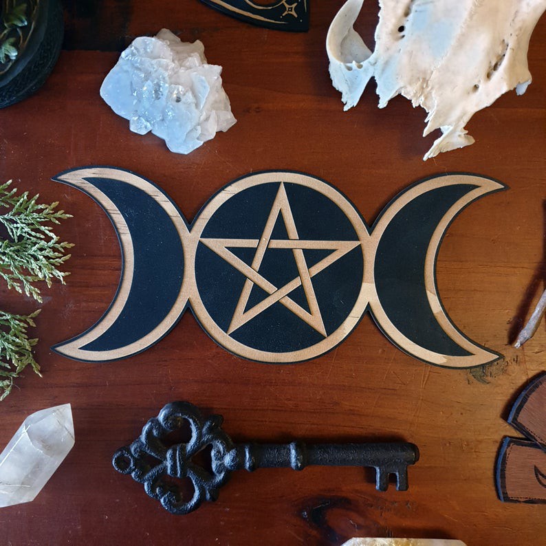 Aplique triluna pentagrama simbolo da deusa mdf wicca bruxaria loja esotérica lua tríplice