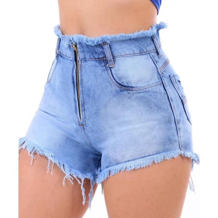 Shorts Jeans Feminino Cintura Alta Desfiado Hot Pants Costura Levanta Bumbum Fechamento Com