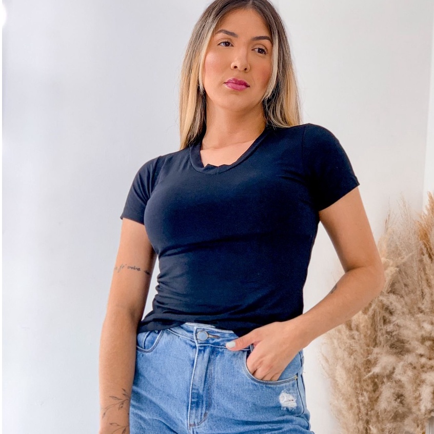 Blusa Feminina  Gola V manga Curta Tshirt Baby Look Blusinha Basica em Oferta na Shopee