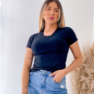 Blusa Feminina  Gola V manga Curta Tshirt Baby Look Blusinha Basica em Oferta na Shopee