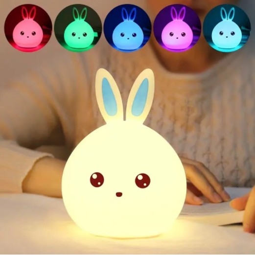Luminaria Abajur Coelho Led colorido Silicone Touch Recarregavel para criança e decorações