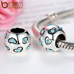 Bamoer Cor Prata Blue Crystal Heart Beads Exquisite Bead Encantos Fit Pulseiras & Bangles Jóias Originais Acessórios Pa5320