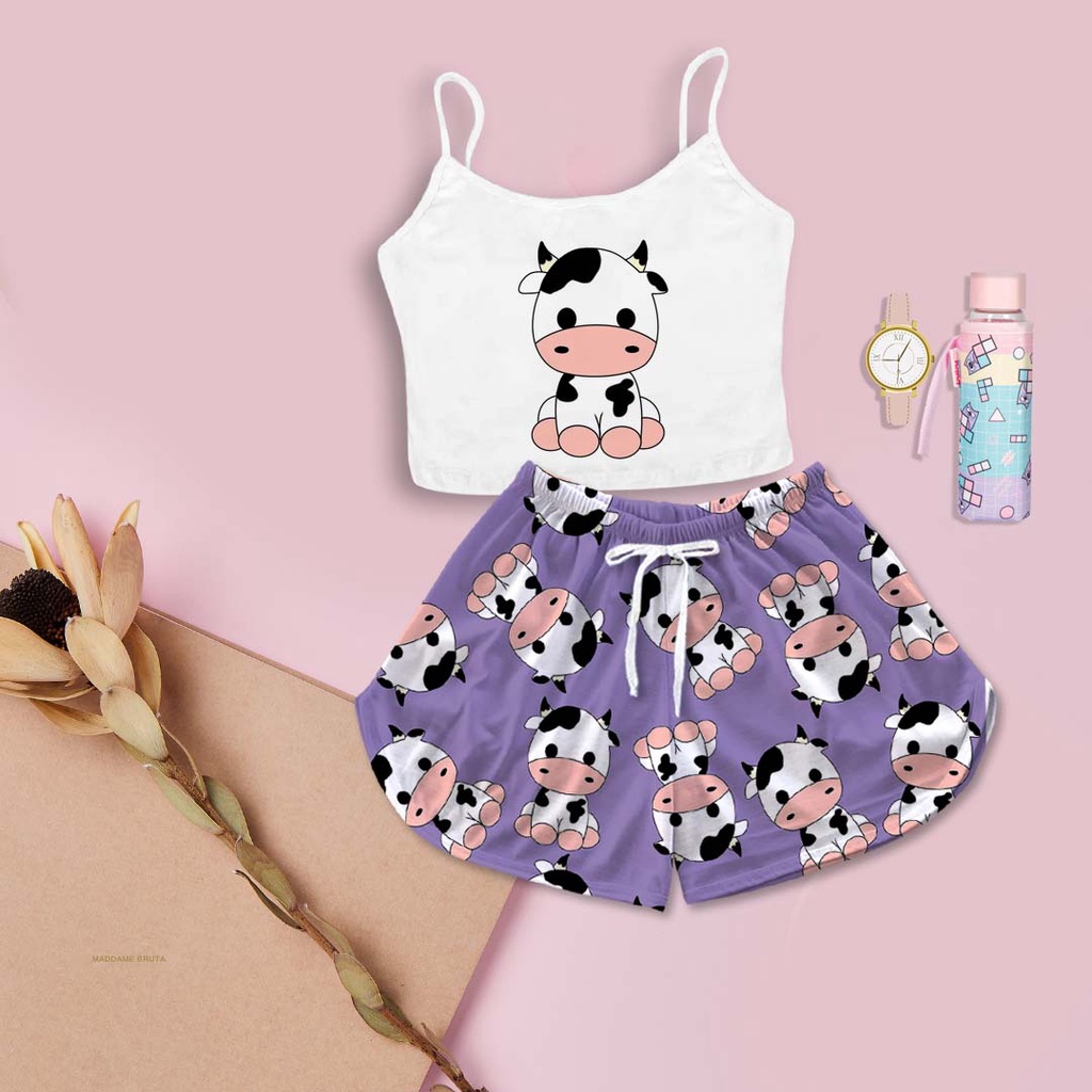 Cropped Feminino Pijama Kit Completo  Vaca Lilás em Oferta na Shopee