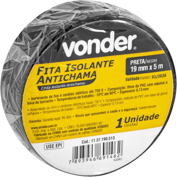 Fita isolante, 19 mm x 5 m, preta, VONDER