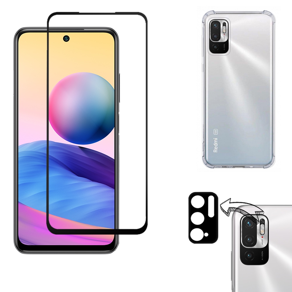KIT Xiaomi Redmi Note 10 5g | Película de Vidro 3D - Capa Capinha Anti Shock - Película Câmera 3D
