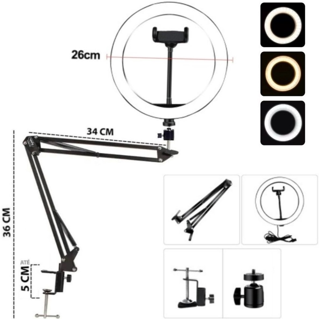 Hing Ring Light Flexível Luz Led 26cm Com Suporte Articulado De Mesa