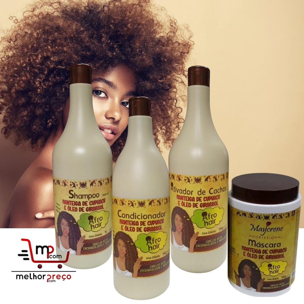 Kit Shampoo 1 litro + Condicionador 1 litro + Máscara 1Kg + 1 Ativador de Cachos 1 Kg Afro hair  Maycrene para Cabelos Secos, Encaracolados e Ondulados