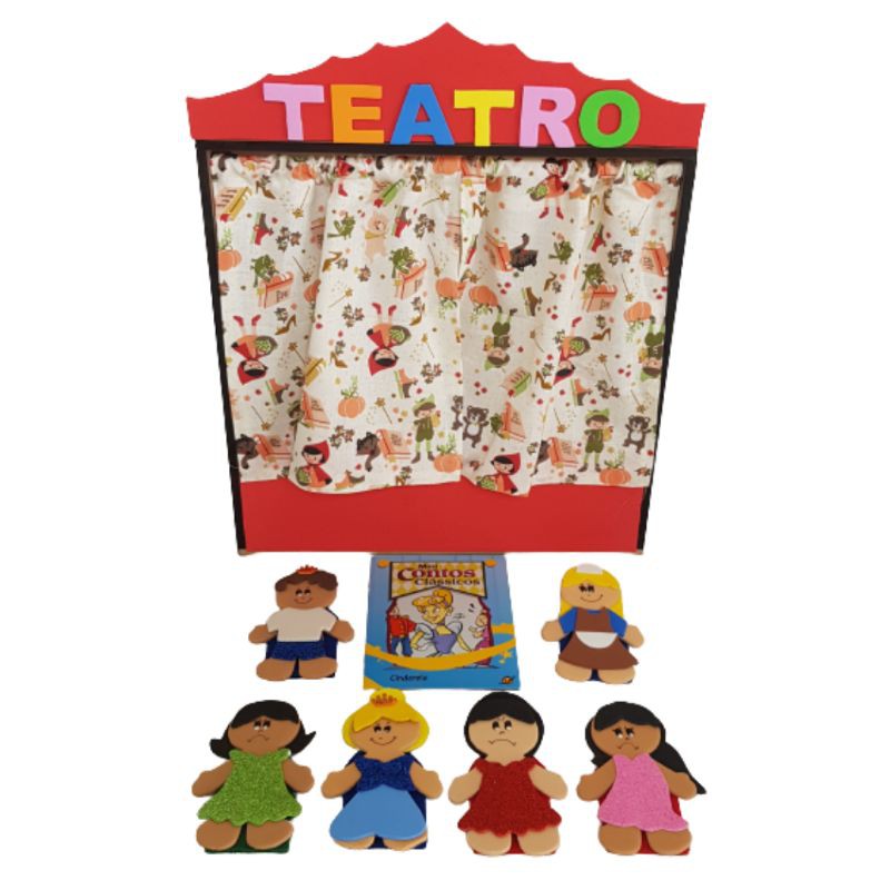 Cenário De Teatro com cortina e gaveta Em Mdf E Dedoche Cinderela Em Eva e feltro