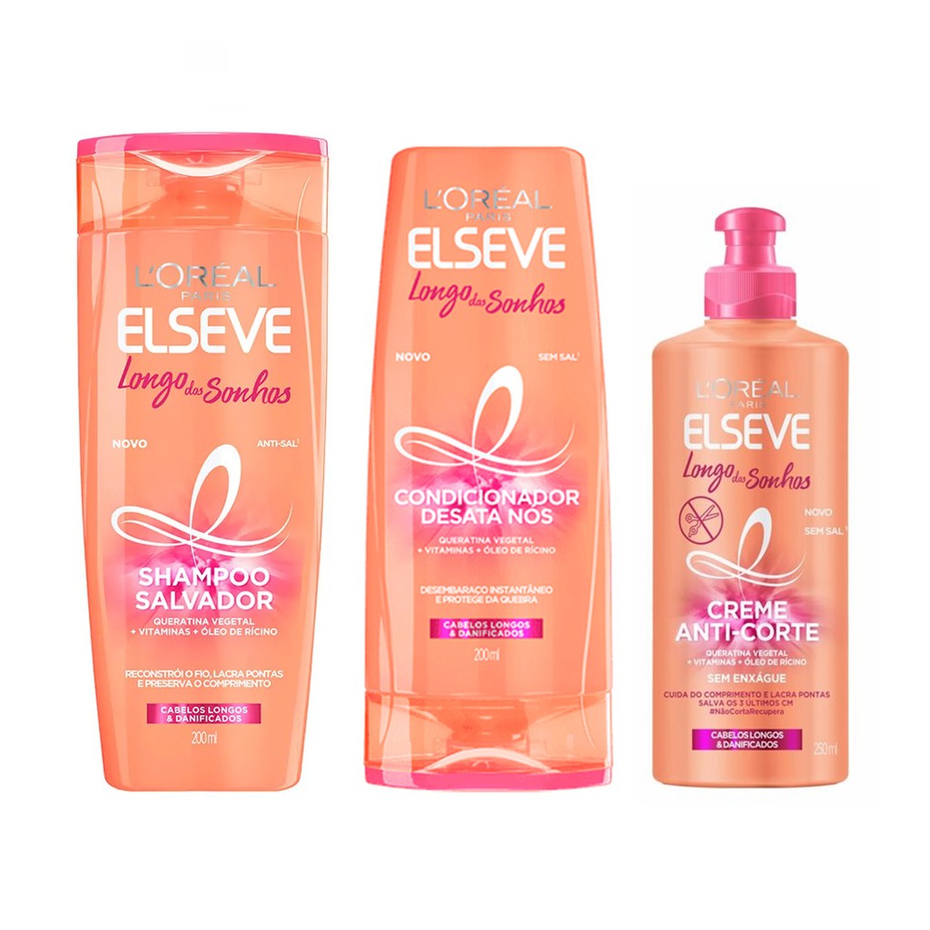 Kit Shampoo e Condicionador 200ml + Creme Anti-Corte 250ml Elseve Longo dos Sonhos - 3 Itens - Beauty