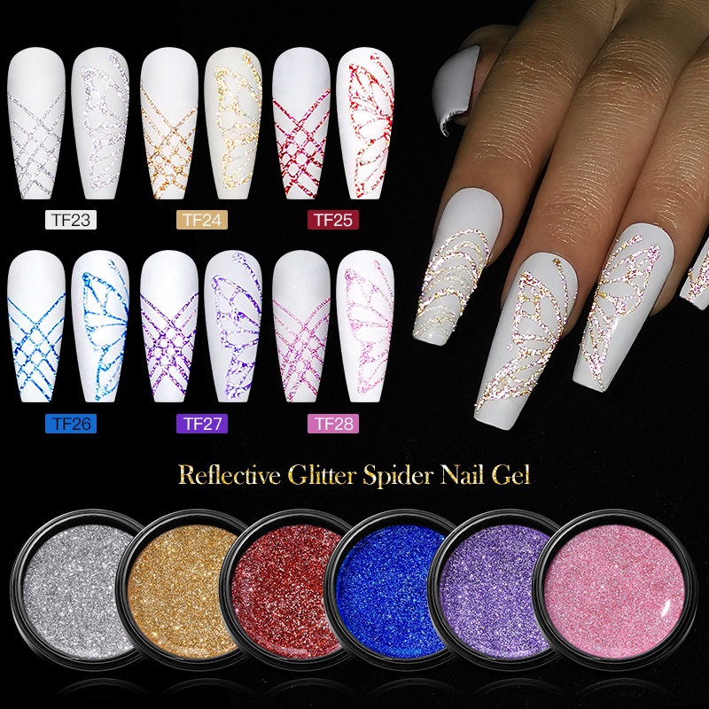 MEET ACROSS Gel Refletivo Glitter Spider Nail Super Cintilante Elástico Brilhante Linha De Desenho De Pregos